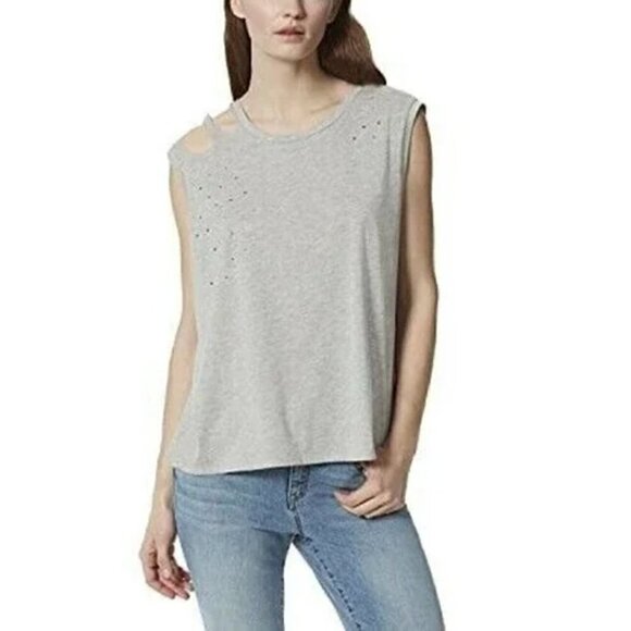 NWT Frayed Jeans Size L Sleeveless Distressed Tank Tee in Heather Grey MSRP $39 - Picture 1 of 11
